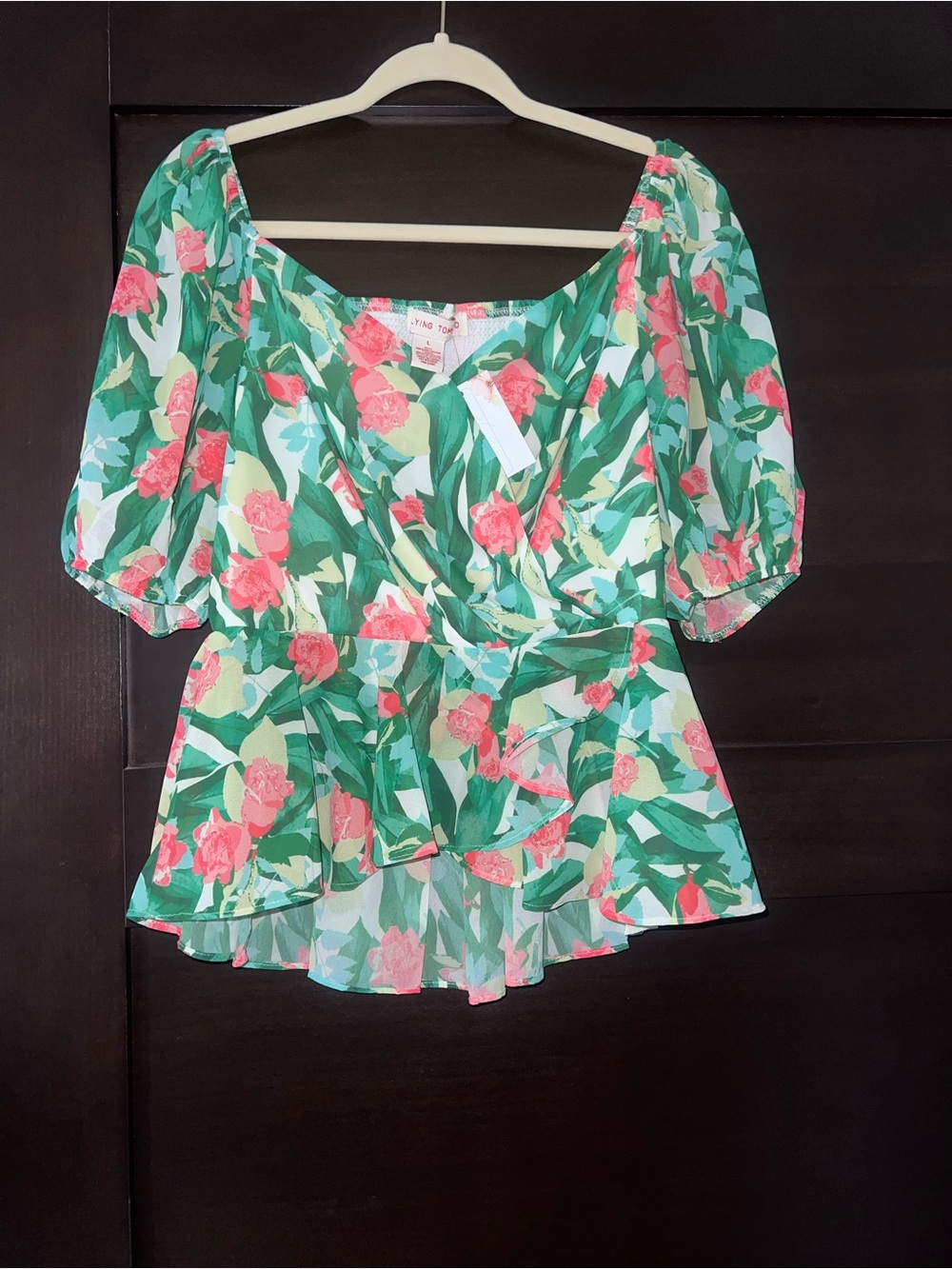 Flying Tomato Floral Puff-Sleeve Peplum Top - Green/Pink